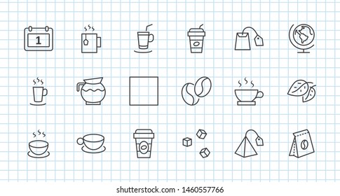 Set of Coffee and Tea Vector Line Icons. Contains such Icons as Cup of Tea,  Teabags, Coffee beans and Green Tea Leaves, a pitcher of Water, Sugar Cubes and more. Editable Stroke. 32x32 Pixel Perfect