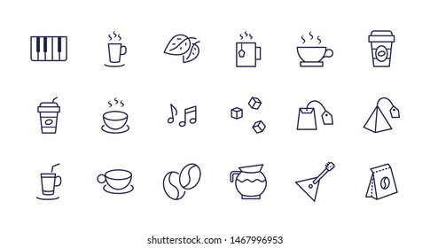 Set of Coffee and Tea Vector Line Icons. Contains such Icons as Cup of Tea,  Teabags, Coffee beans and Green Tea Leaves, a pitcher of Water, Sugar Cubes and more. Editable Stroke. 32x32 Pixel Perfect