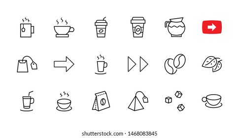 Set of Coffee and Tea Vector Line Icons. Contains such Icons as Cup of Tea,  Teabags, Coffee beans and Green Tea Leaves, a pitcher of Water, Sugar Cubes and more. Editable Stroke. 32x32 Pixel Perfect