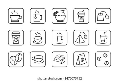 Set of Coffee and Tea Vector Line Icons. Contains such Icons as Cup of Tea,  Teabags, Coffee beans and Green Tea Leaves, a pitcher of Water, Sugar Cubes and more. Editable Stroke. 32x32 Pixel Perfect