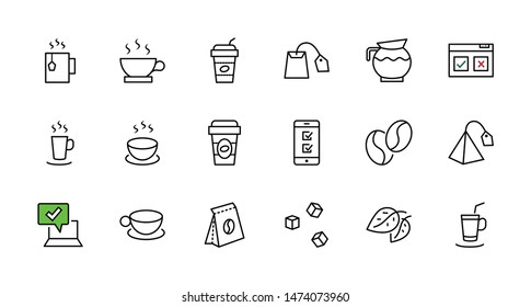 Set of Coffee and Tea Vector Line Icons. Contains such Icons as Cup of Tea,  Teabags, Coffee beans and Green Tea Leaves, a pitcher of Water, Sugar Cubes and more. Editable Stroke. 32x32 Pixel Perfect