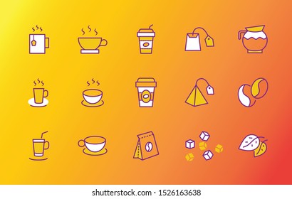 Set of Coffee and Tea Vector Line Icons. Contains such Icons as Cup of Tea,  Teabags, Coffee beans and Green Tea Leaves, a pitcher of Water, Sugar Cubes and more. Editable Stroke. 32x32 Pixel Perfect
