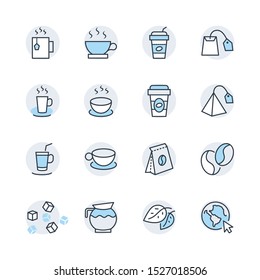 Set of Coffee and Tea Vector Line Icons. Contains such Icons as Cup of Tea,  Teabags, Coffee beans and Green Tea Leaves, a pitcher of Water, Sugar Cubes and more. Editable Stroke. 32x32 Pixel Perfect