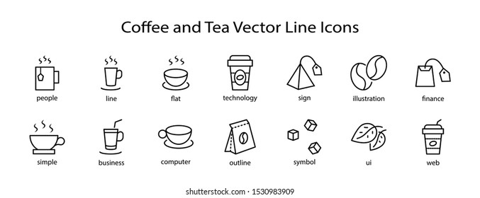Set of Coffee and Tea Vector Line Icons. Contains such Icons as Cup of Tea,  Teabags, Coffee beans and Green Tea Leaves, a pitcher of Water, Sugar Cubes and more. Editable Stroke. 32x32 Pixel Perfect