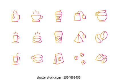 Set of Coffee and Tea Vector Line Icons. Contains such Icons as Cup of Tea, Teabags, Coffee beans and Green Tea Leaves, a pitcher of Water, Sugar Cubes and more. Editable Stroke. 32x32 Pixel Perfect