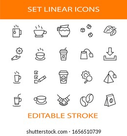 Set of Coffee and Tea Vector Line Icons. Contains such Icons as Cup of Tea,  Teabags, Coffee beans and Green Tea Leaves, a pitcher of Water, Sugar Cubes and more. Editable Stroke. 32x32 Pixels
