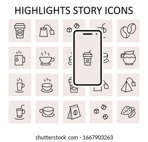 Set of Coffee and Tea Vector Line Icons. Contains such Icons as Cup of Tea, Teabags, Coffee beans and Green Tea Leaves, a pitcher of Water, Sugar Cubes and more. Editable Stroke. 32x32 Pixels