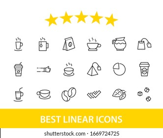 Set of Coffee and Tea Vector Line Icons. Contains such Icons as Cup of Tea, Teabags, Coffee beans and Green Tea Leaves, a pitcher of Water, Sugar Cubes and more. Editable Stroke. 32x32 Pixels