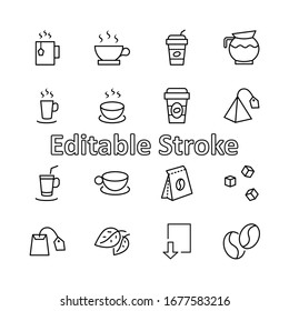 Set of Coffee and Tea Vector Line Icons. Contains such Icons as Cup of Tea, Teabags, Coffee beans and Green Tea Leaves, a pitcher of Water, Sugar Cubes and more. Editable Stroke. 32x32 Pixels