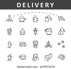 Set of Coffee and Tea Vector Line Icons. Contains such Icons as Cup of Tea, Teabags, Coffee beans and Green Tea Leaves, a pitcher of Water, Sugar Cubes and more. Editable Stroke. 32x32 Pixels