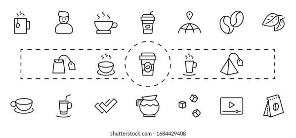 Set of Coffee and Tea Vector Line Icons. Contains such Icons as Cup of Tea, Teabags, Coffee beans and Green Tea Leaves, a pitcher of Water, Sugar Cubes and more. Editable Stroke. 32x32 Pixels