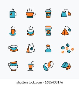 Juego de iconos de línea de café y té vectorial. Contiene íconos como Té, Tejidos, Fécula y Hojas de Té Verde, una jarra de agua, Cubos de azúcar y más. Trazo editable. Perfecto para 32 x 32 píxeles