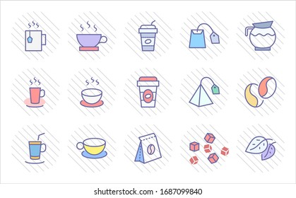 Set of Coffee and Tea Vector Line Icons. Contains such Icons as Cup of Tea, Teabags, Coffee beans and Green Tea Leaves, a pitcher of Water, Sugar Cubes and more. Editable Stroke. 32x32 Pixel Perfect