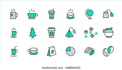 Set of Coffee and Tea Vector Line Icons. Contains such Icons as Cup of Tea, Teabags, Coffee beans and Green Tea Leaves, a pitcher of Water, Sugar Cubes and more. Editable Stroke. 32x32 Pixel Perfect