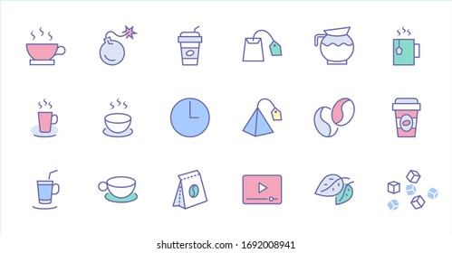 Set of Coffee and Tea Vector Line Icons. Contains such Icons as Cup of Tea, Teabags, Coffee beans and Green Tea Leaves, a pitcher of Water, Sugar Cubes and more. Editable Stroke. 32x32 Pixel Perfect