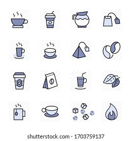 Set of Coffee and Tea Vector Line Icons. Contains such Icons as Cup of Tea, Teabags, Coffee beans and Green Tea Leaves, a pitcher of Water, Sugar Cubes and more. Editable Stroke. 32x32 Pixel Perfect