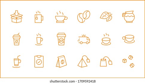 Set of Coffee and Tea Vector Line Icons. Contains such Icons as Cup of Tea, Teabags, Coffee beans and Green Tea Leaves, a pitcher of Water, Sugar Cubes and more. Editable Stroke. 32x32 Pixels