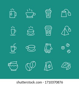 Set of Coffee and Tea Vector Line Icons. Contains such Icons as Cup of Tea, Teabags, Coffee beans and Green Tea Leaves, a pitcher of Water, Sugar Cubes and more. Editable Stroke. 32x32 Pixels