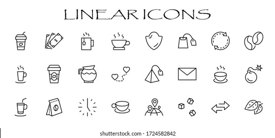 Set of Coffee and Tea Vector Line Icons. Contains such Icons as Cup of Tea,  Teabags, Coffee beans and Green Tea Leaves, a pitcher of Water, Sugar Cubes and more. Editable Stroke. 32x32 Pixels