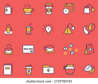 Set von Kaffee und Tee Vector Linie Symbole. Enthält solche Ikonen wie Cup of Tea, Teebeutel, Kaffeebohnen und grünen Teeblätter, einen Krug von Wasser, Zucker Kuben und mehr. Bearbeitbarer Stroke. 32 x 32 Pixel perfekt