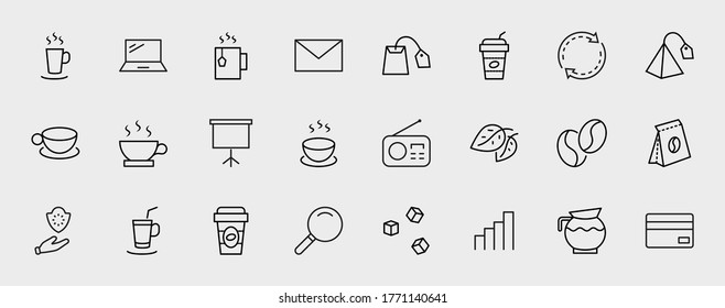 Set of Coffee and Tea Vector Line Icons. Contains such Icons as Cup of Tea, Teabags, Coffee beans and Green Tea Leaves, a pitcher of Water, Sugar Cubes and more. Editable Stroke. 32x32 Pixels