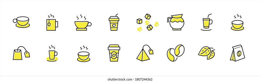 Set of Coffee and Tea Vector Line Icons. Contains such Icons as Cup of Tea, Teabags, Coffee beans and Green Tea Leaves, a pitcher of Water, Sugar Cubes and more. Editable Stroke. 32x32 Pixel Perfect