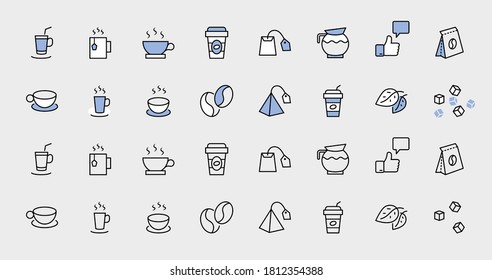 Set of Coffee and Tea Vector Line Icons. Contains such Icons as Cup of Tea, Teabags, Coffee beans and Green Tea Leaves, a pitcher of Water, Sugar Cubes and more. Editable Stroke. 32x32 Pixel Perfect