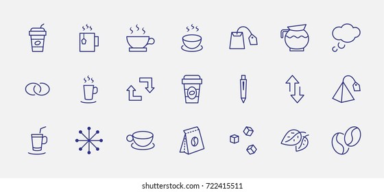 Set of Coffee and Tea Vector Line Icons. Contains such Icons as Cup of Tea, Teabags, Coffee beans and Green Tea Leaves, a pitcher of Water, Sugar Cubes and more. Editable Stroke. 32x32 Pixel Perfect