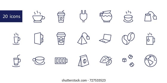 Set of Coffee and Tea Vector Line Icons. Contains such Icons as Cup of Tea, Teabags, Coffee beans and Green Tea Leaves, a pitcher of Water, Sugar Cubes and more. Editable Stroke. 32x32 Pixel Perfect
