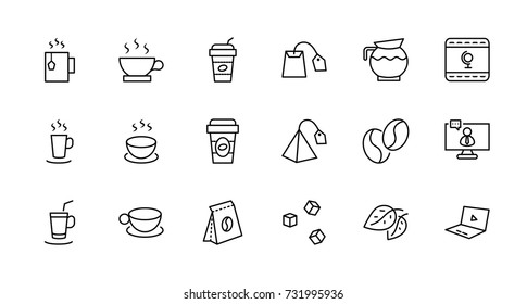 Set of Coffee and Tea Vector Line Icons. Contains such Icons as Cup of Tea,  Teabags, Coffee beans and Green Tea Leaves, a pitcher of Water, Sugar Cubes and more. Editable Stroke. 32x32 Pixel Perfect