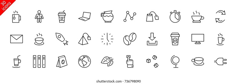 Set of Coffee and Tea Vector Line Icons. Contains such Icons as Cup of Tea,  Teabags, Coffee beans and Green Tea Leaves, a pitcher of Water, Sugar Cubes and more. Editable Stroke. 32x32 Pixel Perfect