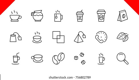 Set of Coffee and Tea Vector Line Icons. Contains such Icons as Cup of Tea,  Teabags, Coffee beans and Green Tea Leaves, a pitcher of Water, Sugar Cubes and more. Editable Stroke. 32x32 Pixel Perfect