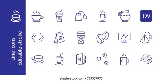 Set of Coffee and Tea Vector Line Icons. Contains such Icons as Cup of Tea,  Teabags, Coffee beans and Green Tea Leaves, a pitcher of Water, Sugar Cubes and more. Editable Stroke. 32x32 Pixel Perfect