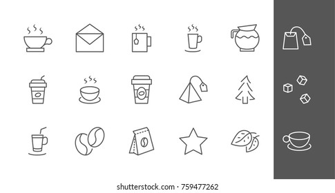 Set of Coffee and Tea Vector Line Icons. Contains such Icons as Cup of Tea,  Teabags, Coffee beans and Green Tea Leaves, a pitcher of Water, Sugar Cubes and more. Editable Stroke. 32x32 Pixel Perfect