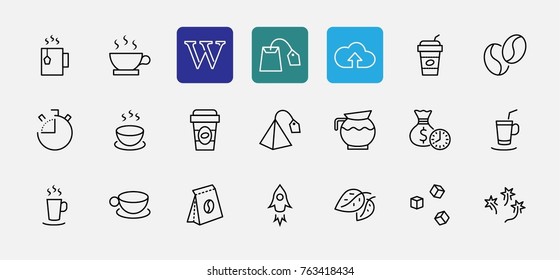 Set of Coffee and Tea Vector Line Icons. Contains such Icons as Cup of Tea,  Teabags, Coffee beans and Green Tea Leaves, a pitcher of Water, Sugar Cubes and more. Editable Stroke. 32x32 Pixel Perfect