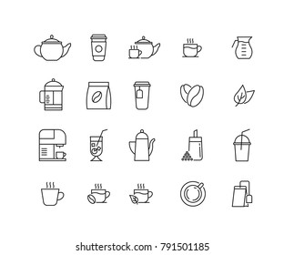 Set of Coffee and Tea Vector Line Icons. Icons of cup of tea or coffee, teabags, coffee beans, green tea, a pitcher of water, sugar.Editable Stroke. Linear style.