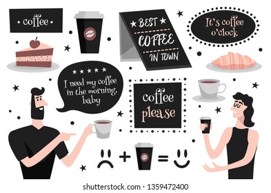 Set of Coffee theme elements. Coffee paper cup, coffee cup and plate, chocolate cake, croissant, man, woman, quotes and signs. Vector illustration