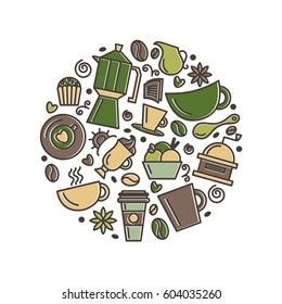 Set of coffee theme. Line art draw icons in the circle.Vector illustration