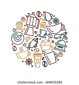 Set of coffee theme. Line art draw icons in the circle.Vector illustration