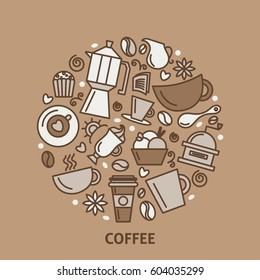 Set of coffee theme. Line art draw icons in the circle.Vector illustration