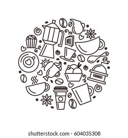 Set of coffee theme. Line art draw icons in the circle.Vector illustration