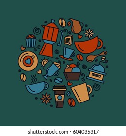 Set of coffee theme. Line art draw icons in the circle.Vector illustration