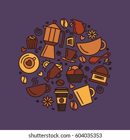 Set of coffee theme. Line art draw icons in the circle.Vector illustration