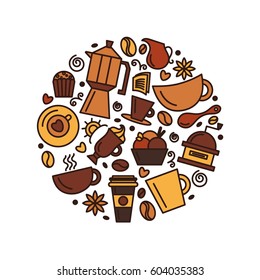 Set of coffee theme. Line art draw icons in the circle.Vector illustration