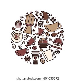 Set of coffee theme. Line art draw icons in the circle.Vector illustration
