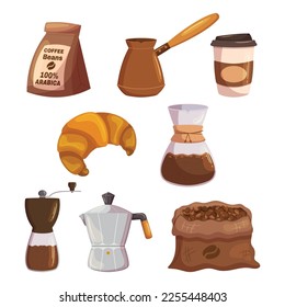 Set Of Coffee Themed Icons. Beans Package and Open Sack, Cezve Coffee Pot And Croissant, Carton Disposable Cup, Americano, Latte, Mocha Or Cappuccino Fresh Hot Drinks. Cartoon Vector Illustration