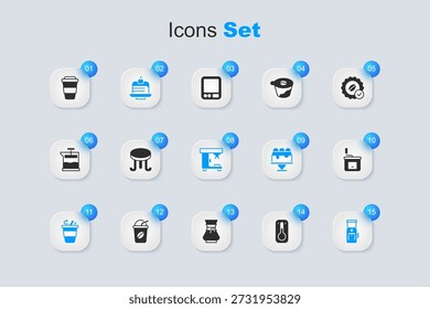 Set Coffee thermometer, table, Piece cake, cup to go, Electric coffee grinder, Manual,  and machine icon. Vector