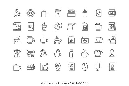 set of coffee thin line icons, coffee bean, hot coffee, ice coffee, drinks