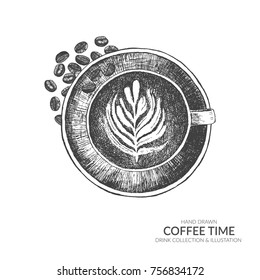 Set of coffee time with cookies illustration. Hand drawn collection by ink and pen sketch. Isolated vector elements.