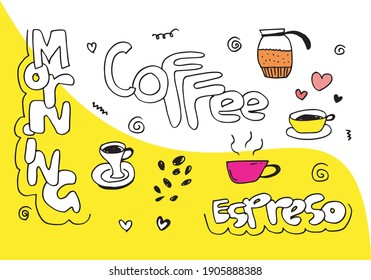 Set of coffee time elements with food, coffee beans, glass, milk and lettering text.vector illustration.